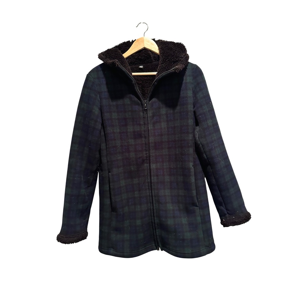 Uniqlo Blackwatch Plaid Lined Fleece Hooded Coat‎ Green Navy Blue Small Jacket